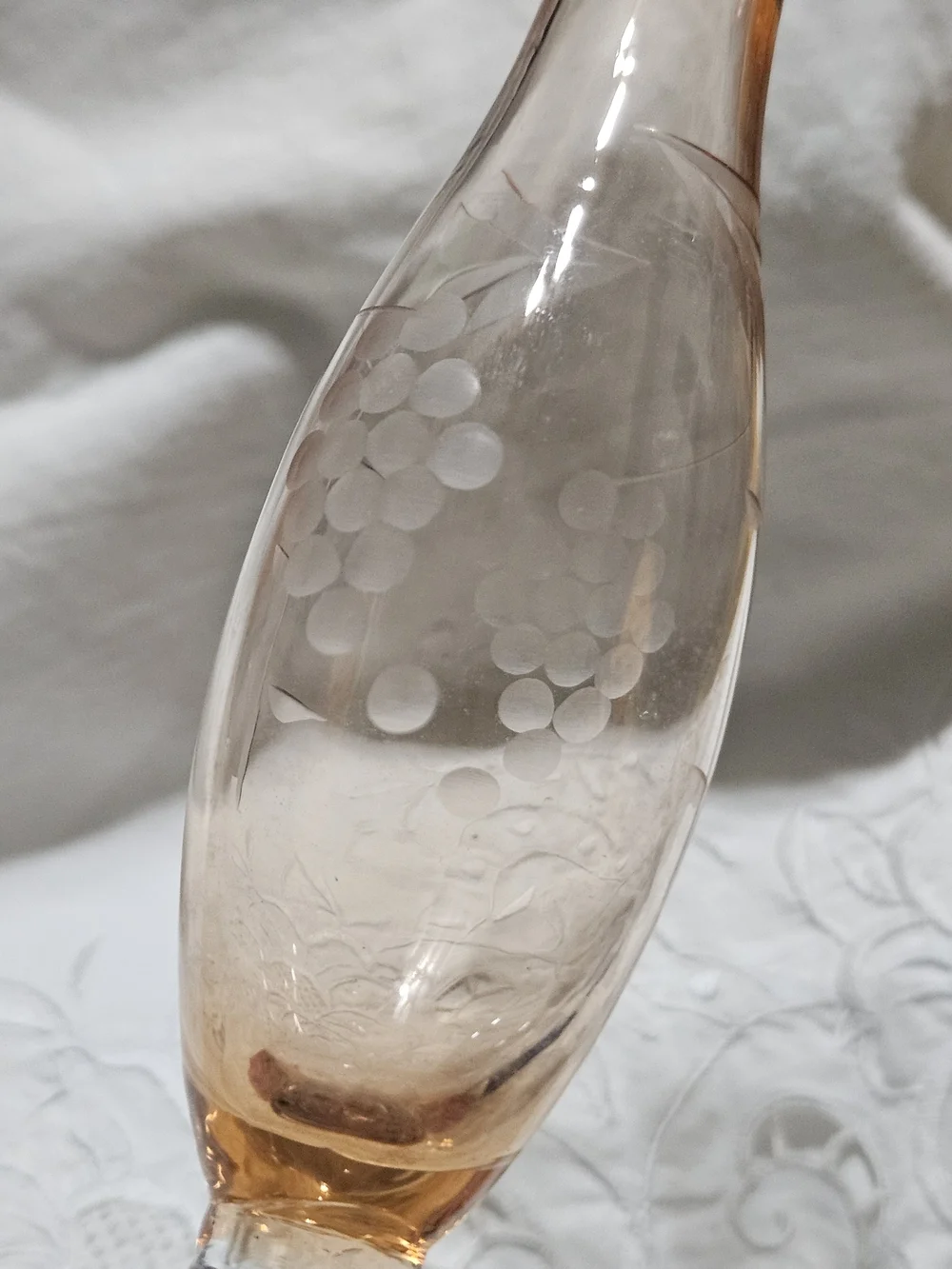 Vintage Pink Depression Footed Vase with Grapes Etched